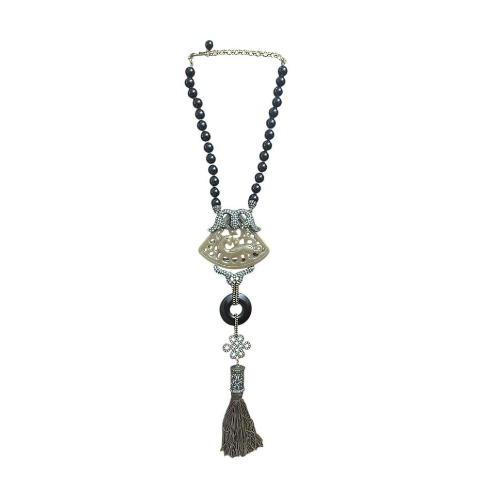 Rare Heidi Daus Black Beaded Crystal Tassel Pendant Statement Necklace Dinosaur